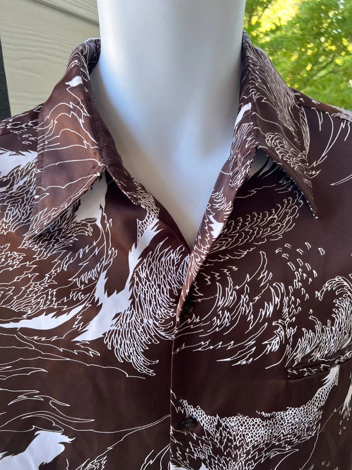 Camisa De Colección Años 70 Tori Richard Para Hombres Hawaiana Marrón Crashing Waves Grande Groovy Foto 3 de 4