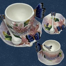 Corner Ruby Butterfly Lily Flower Ceramic Handcrafted Tea Cup-Saucer-Spoon Set