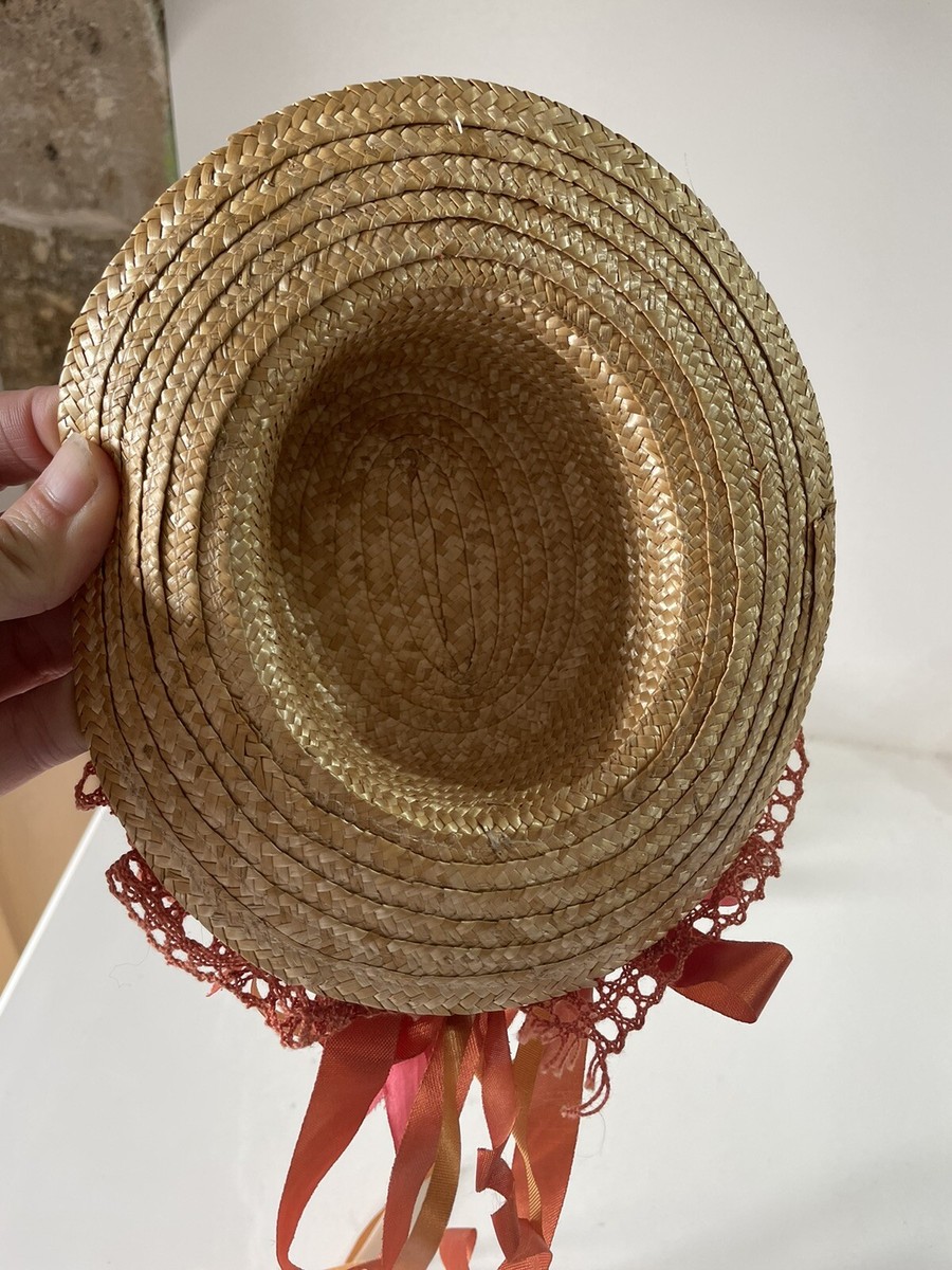 Ancien Mini Chapeau De Paille Pour Poupée - Déco Collection Avec Fleurs Et Ruban
