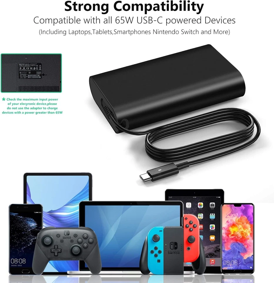65W USB-C PD Adapter Laptop Charger Dell, Apple, HP Hewlett Packard Chromebook - Image 2 of 4