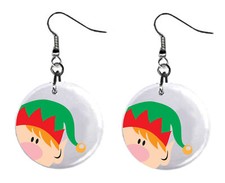 Christmas Peeking Elf Button Earrings Jewelry 1" Dangle MADE IN USA NEW