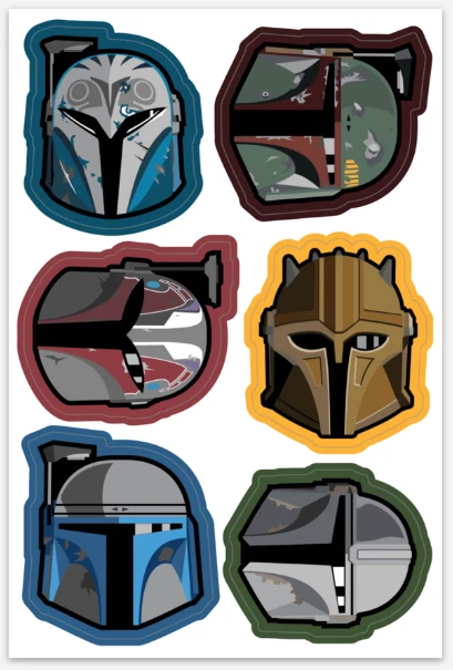 Star Wars BUCKETS Set of 6 Mandalore helmet vinyl 2-inch stickers 4x6 inch sheet - Image 3 of 3