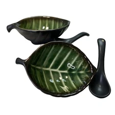 Over And Back Autumn Leaves Green Condiment Bowls Set of 2 Spoons