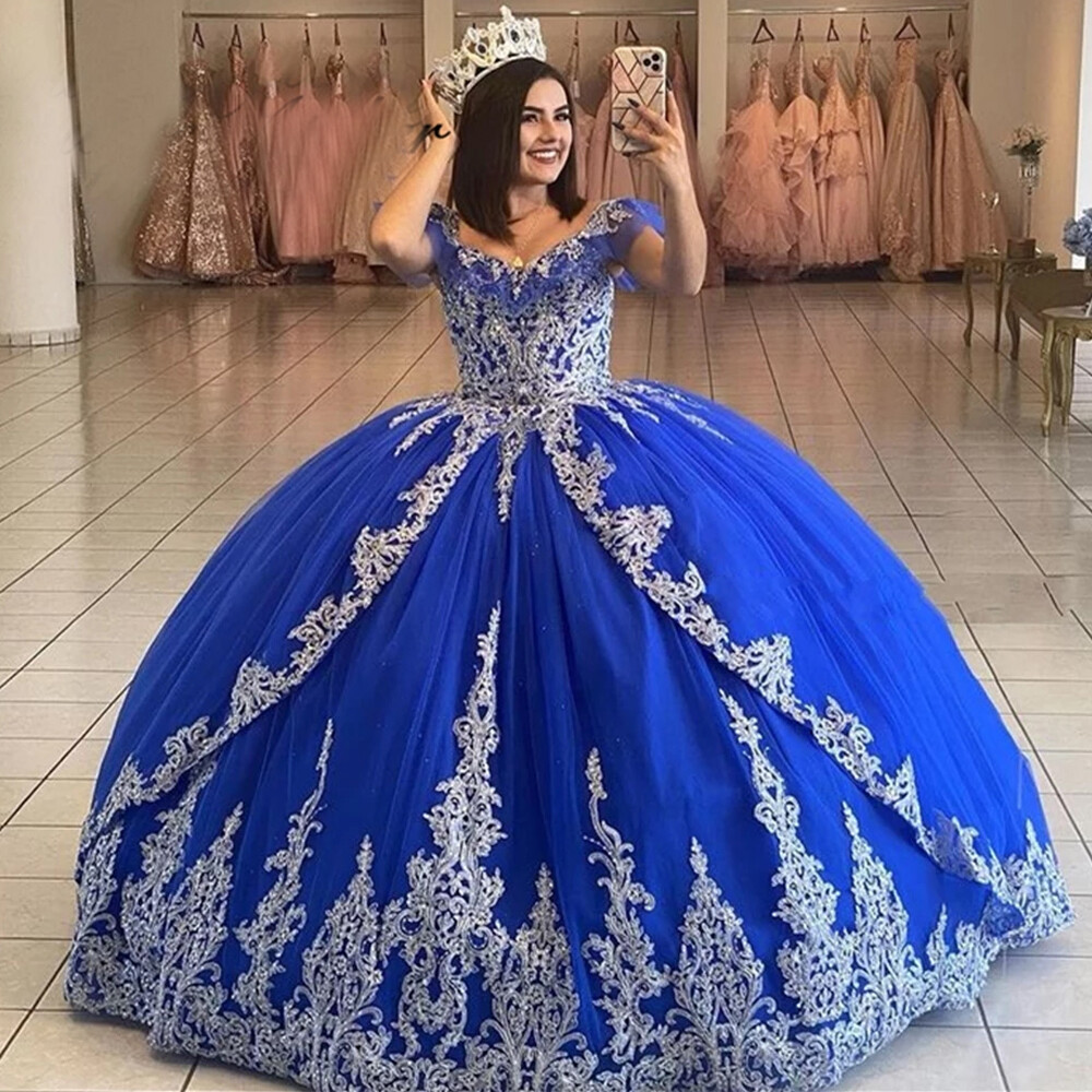 Royal Blue Quinceanera Dresses Off Shoulder Lace Appliques Ball