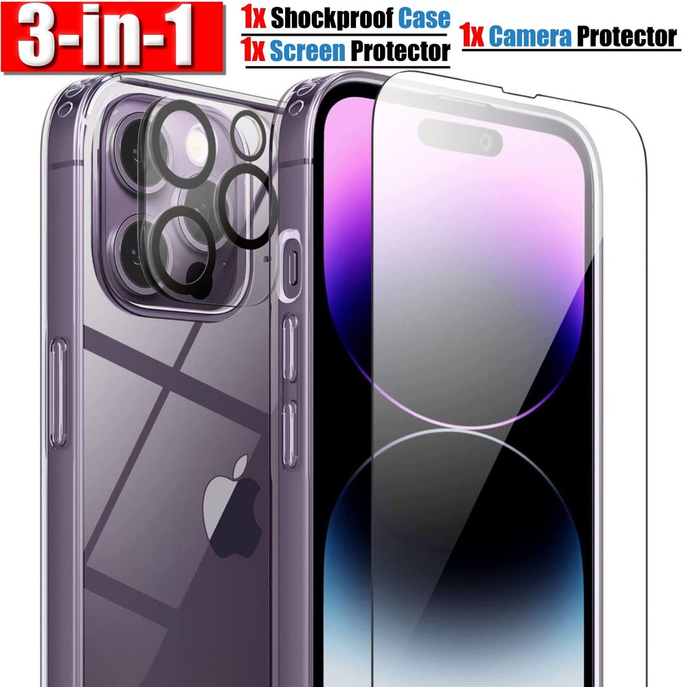 For iPhone 15 14 13 12 11 Pro Max Shockproof Clear Case  + Screen Lens Protector