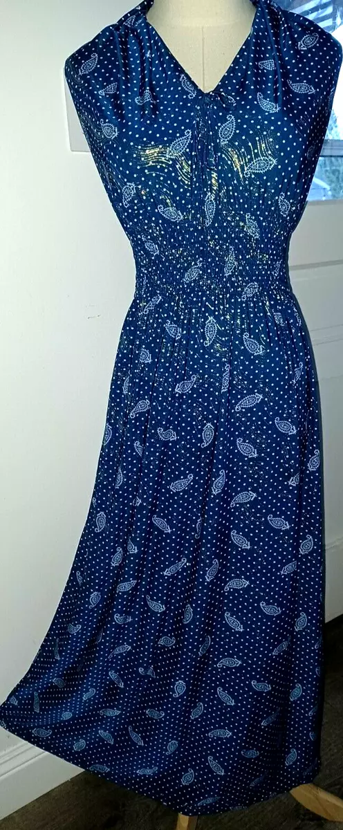 Blue Jewel Tone Maxi Dress Metallic Paisley Boho Stretch Flowy