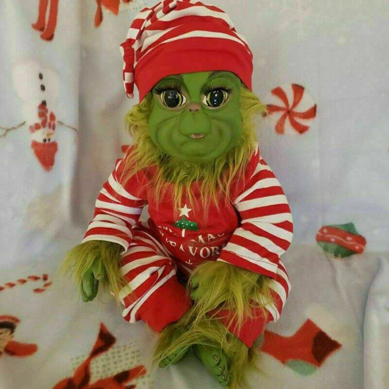 Peluche farcie de poupée Grinch de Noël, bébé Grinch velu réaliste avec  jouet de poupée de dessin animé de costume de Père Noël, oreiller en