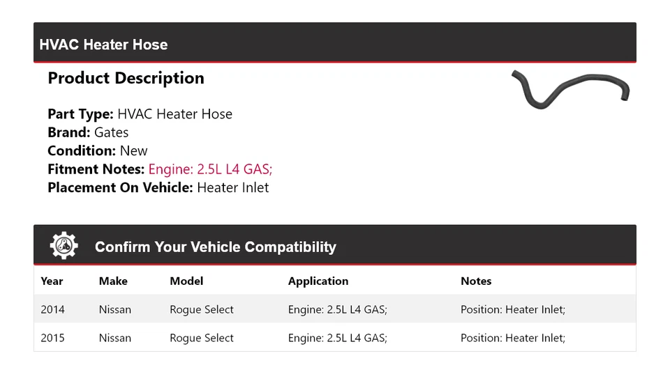 Para Nissan Rogue Select 2014-2015 HVAC Calefacción Manguera Calentador Puertas de entrada Foto 2 de 3