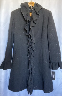 DKNY Donna Karan New York Womens Long Wool Coat Black W/Tan Fleck Size 12 Ruffle