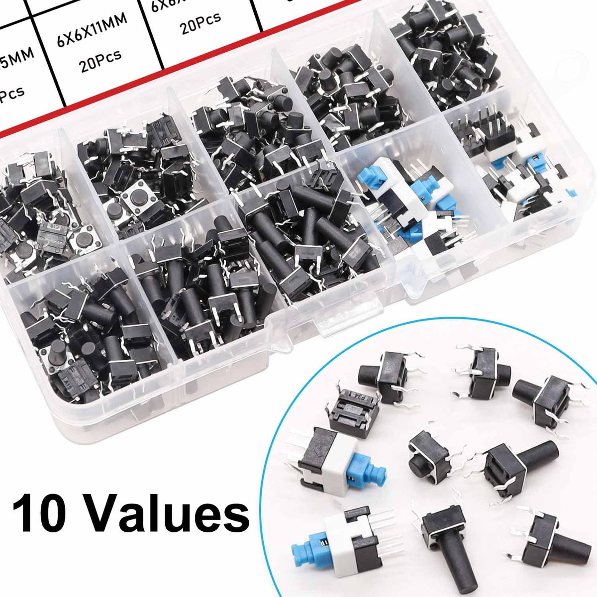 202PCS Micro Momentary Tactile Push Button Switch Assortment Kit 10 Values 4 Pin View 5