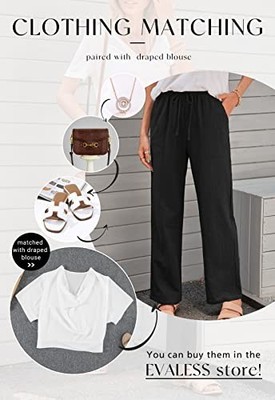 EvaLess EVALESS Black Linen Pants for Women Trendy Casual Drawstring Elastic
