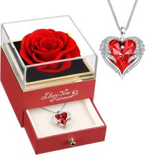 NEWNOVE Preserved Real Red Rose with Angle Wings Necklace, Mothers Day