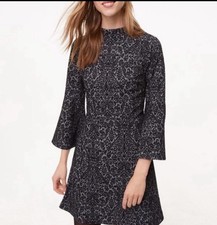 LOFT Black Floral Jacquard Fit & Flare Dress Women’s 10 Short Sleeve Zip