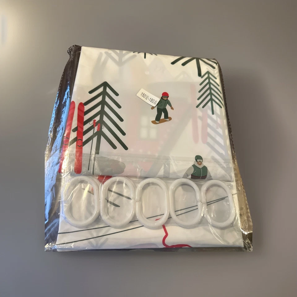 Merry Christmas Bathroom Shower Curtain, Winter Skiing With 12 White Hooks - Image 2 of 4