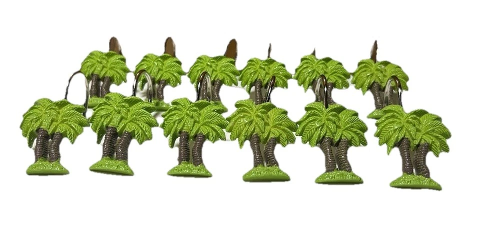 JUEGO 12 Ganchos para Cortina de Ducha Metal Resina Palmeras Verde Lima/Marrón Playas Foto 3 de 4