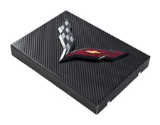 C7 Corvette Black Carbon Fiber Fuse Box Cover w/ Black Crossed Flags Emblem