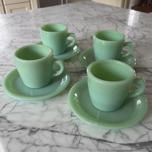 Set of 4 Vintage Fire-King Jadeite Restaurant Ware Cups & Saucers - Heavy Duty