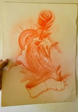 Original Tattoo Flash Artwork Signed Crow Rose Eyeball Sun Red Pencil Art