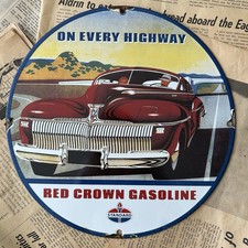 VINTAGE STANDARD RED CROWN GASOLINE OIL GAS PUMP 12 INCH PORCELAIN ENAMEL SIGN
