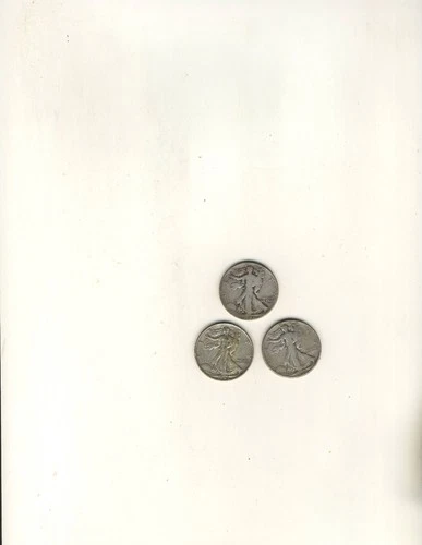 3 Walking Liberty Half Dollars,  1942, 1943, 1944 Circulated , Good,  90% Silver