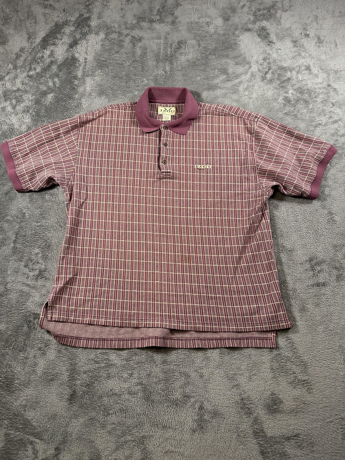Vintage IZOD Golf Polo Shirt Mens Large Purple Plaid 100% Cotton Knit 90s Preppy