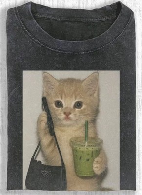 Kitty Holding Matcha and Purse Trendy TShirt Cute Gift meme