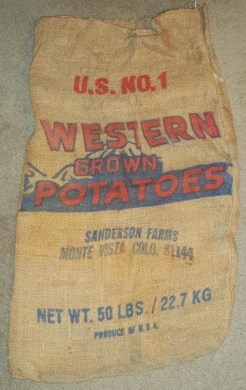 VINTAGE BURLAP BAG / GUNNY SACK WESTERN GROWN POTATOES, MONTE VISTA, COLORADO
