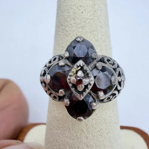 Vtg Bohemian Garnet Cluster Sterling Silver Filigree 925 Victorian Style PD Sign