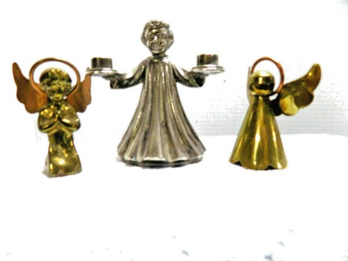 3 kleine ENGEL CHERUB FIGUREN Kerzenhalter & Glocke METALL ANTIK GERMANY - Bild 1 von 12