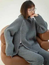 2023 Autumn knitted two-piece women's zippered sweater and wide leg pants set