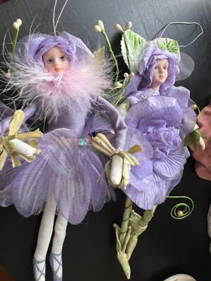 2 Handmade Purple Flower Fairy Pixie Dolls Porcelain Faces Ballet Boy & Girl