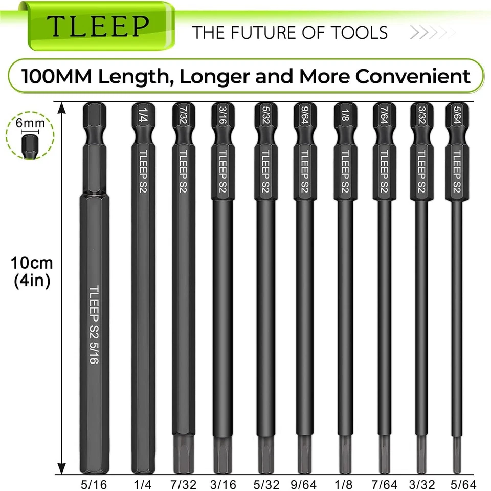 10 X Long 100MM 1/4 Inch Hex Head Allen Wrench Drill Bits, 5/16” to 5/64”, SAE,  - Image 2 of 4