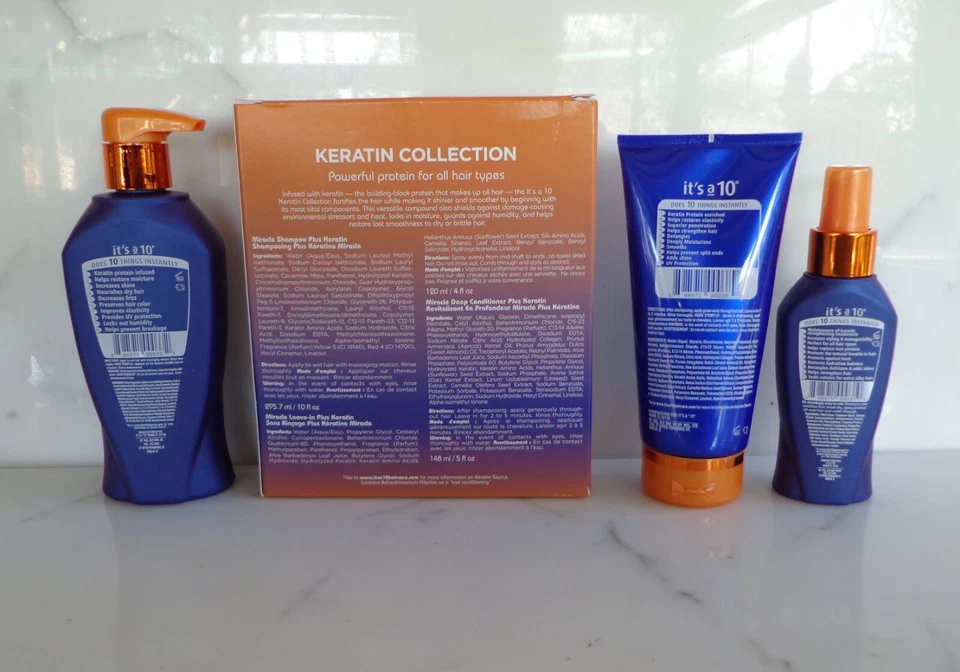 It's a 10 KERATIN PLUS KIT for hair: Shampoo, Conditioner & Miracle Leave - Image 2 of 2