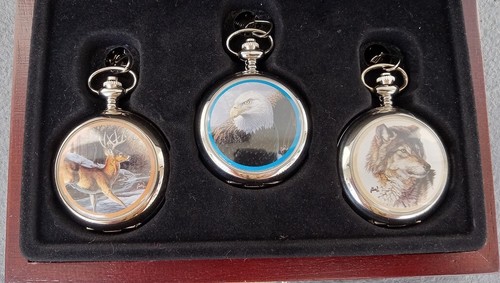 NEW! Set of 3 Westminster Wildlife Pocket Watches In Wood Case NEW BATTERIES - Picture 3 of 10