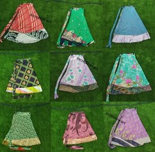 Wholesale Lot Vintage Silk Long Sari Recycled Magic Wrap Around Skirts 2 Layer