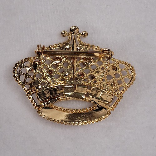Spilla bigiotteria moda vintage spilla corona tono oro strass multicolore regina - Foto 3 di 6