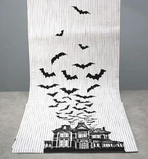 Halloween Table Runner Haunted House Flying Bats Striped Black n White Cotton 