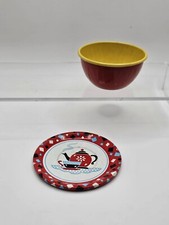 Vintage Children s Play Cup Saucer Tin Metal Toy Red Colorful 2 Pieces