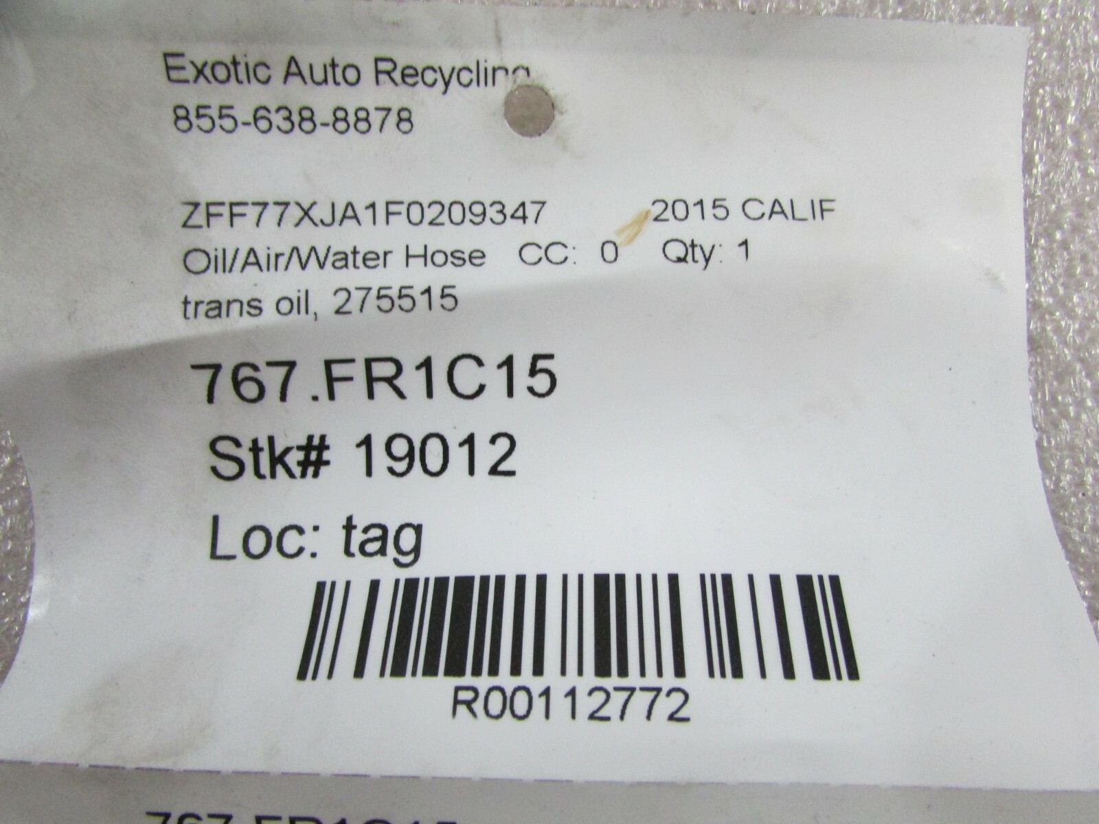 Ferrari California, Transmission Oil Line, Used, P/N 275515