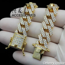 18"MEN 14K GOLD PLATED 14MM GOLD CZ MIAMI CUBAN CURB CHOKER CHAIN NECKLACE*ABN6