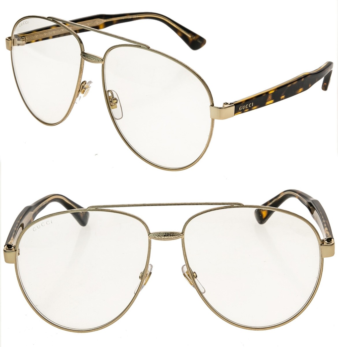 GUCCI GG0054S 0054 Tortoise Gold Aviator Unisex Oversized Etched