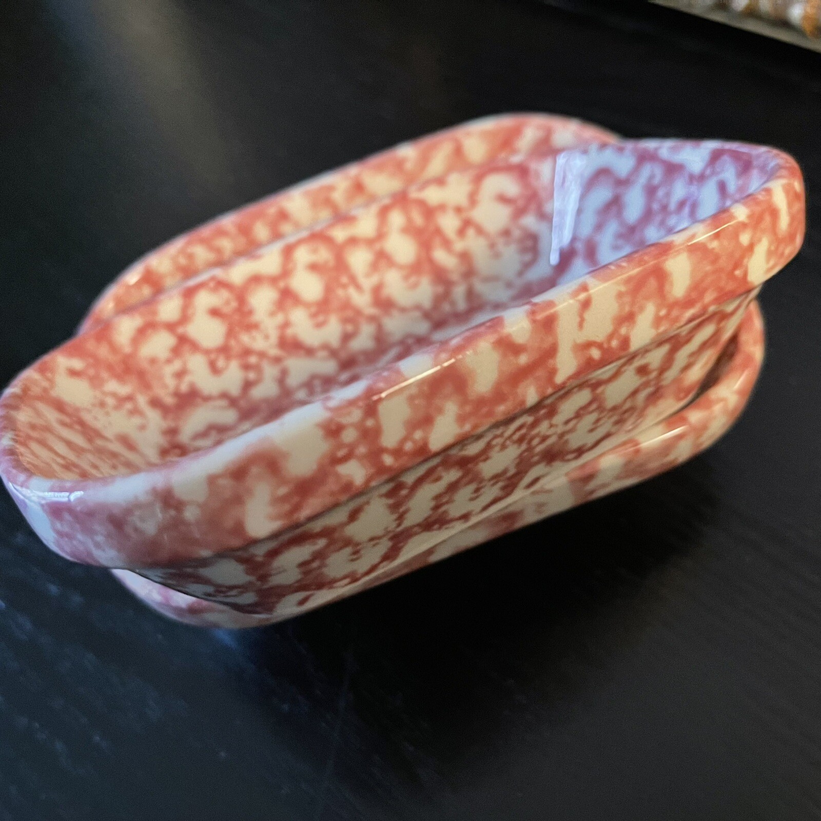 2 Vintage BTC Henn Pottery USA Red Spongeware Relish Dish Snack Soap