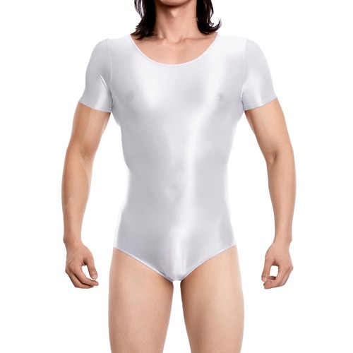 Mens Glossy Sheer Bodysuit Short Sleeve Bulge Crotch Thongs Jumpsuit Leotard Top - Picture 11 of 72