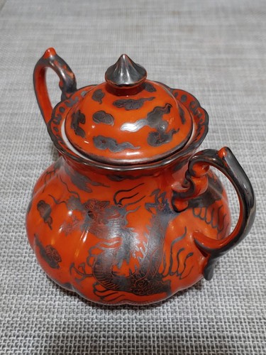 Antique Japanese Red Coral Glazed Porcelain Silver Dragon Clouds Tea Sugar Jar - Picture 2 of 24