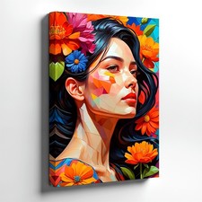 Wall Art Colorful Geometric Woman Portrait Floral Canvas Print Modern Decor