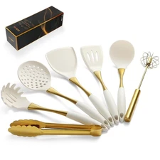 Elegant White Gold Silicone Cooking Utensils Set - Non-Toxic, Dishwasher Safe...