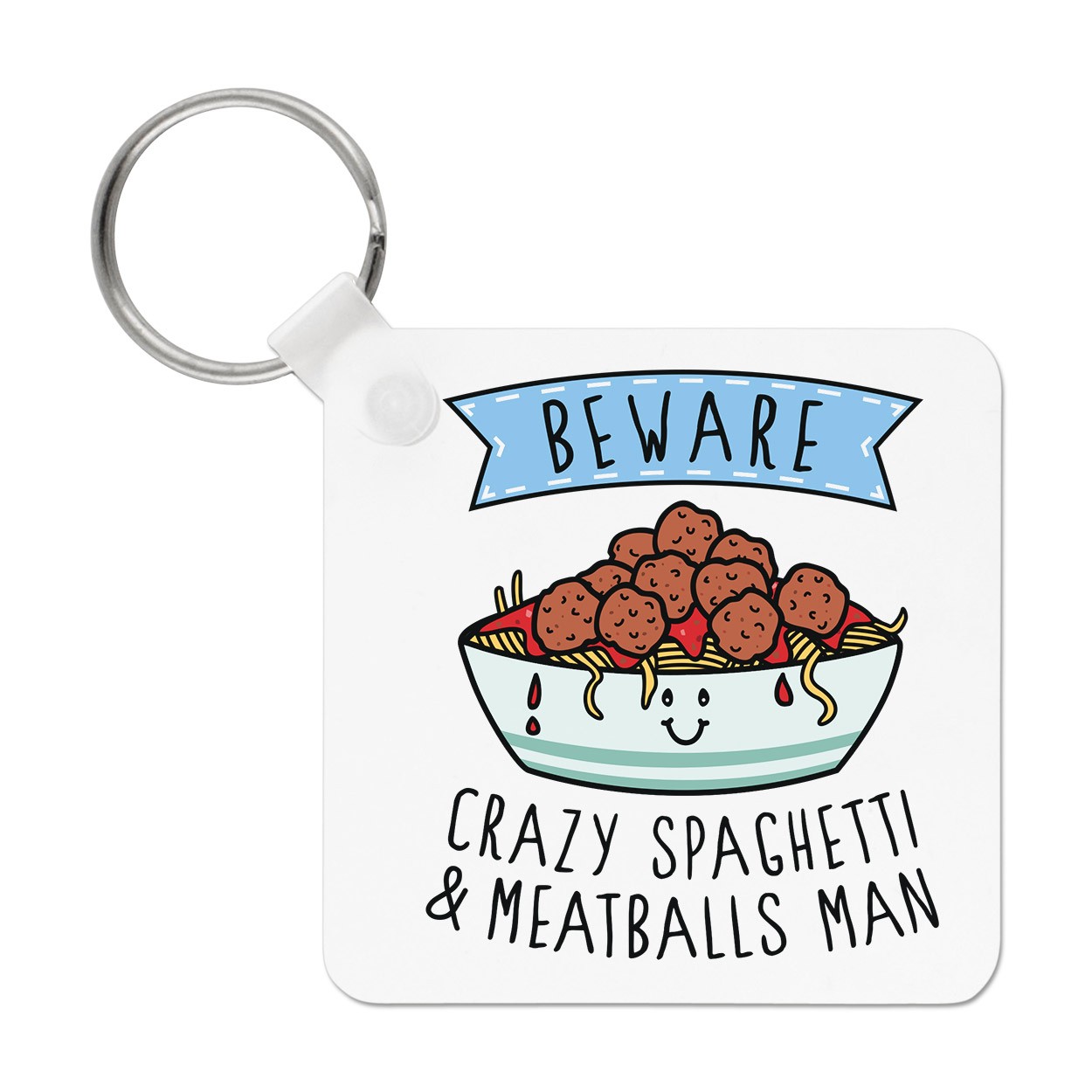 Beware Crazy Spaghetti & Meatballs Man Keyring Key Chain Funny Joke Food Lover