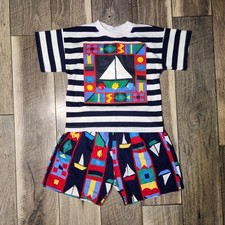 VTG Zoodles Set Boys Size 7 Nautical Summer Sailboat Beads Beach Tshirt Shorts