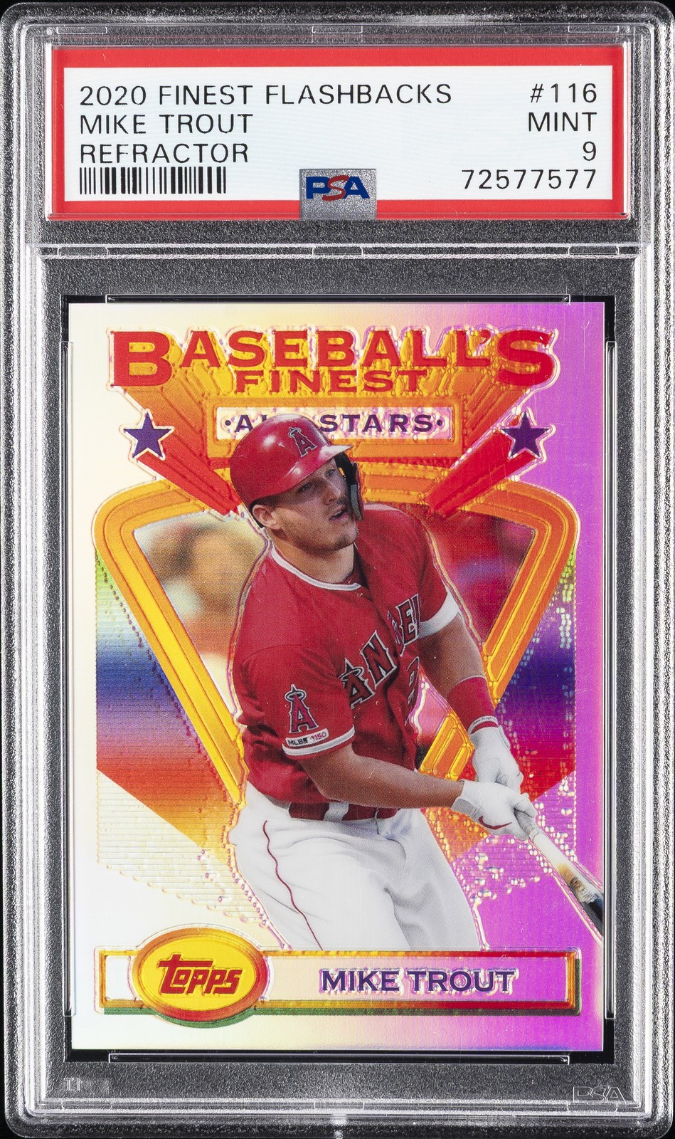 2020 TOPPS FINEST FLASHBACKS REFRACTOR #116 MIKE TROUT PSA 9
