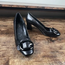 Vaneli Dress Shoe Black leather Slip On Block Heel With Buckle Toe women's 7.5
